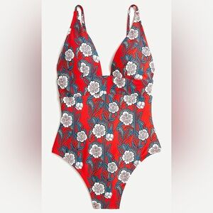 J. Crew Deep V-Neck French One Piece Poppy Print